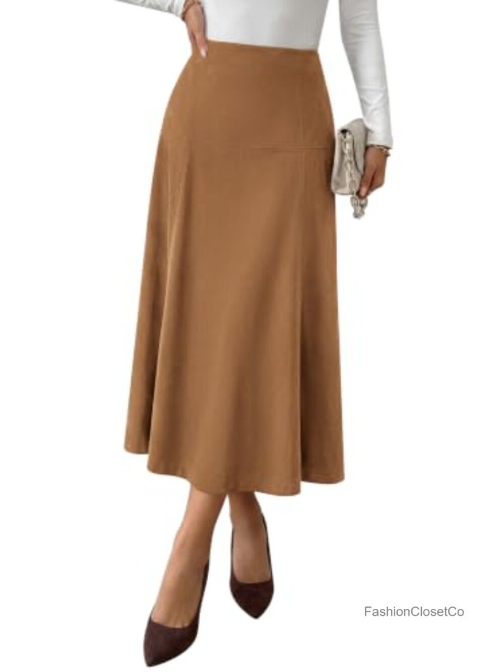 Faux Suede High Waist A Line Midi Skirt Wear to Work